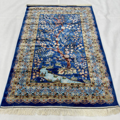 Persian Silk Blossom Tree Rug 4 ft x 6 ft | Pure Silk Abresham | 1600 Reeds