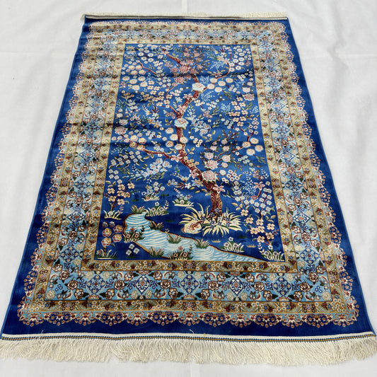 Persian Silk Blossom Tree Rug 4 ft x 6 ft | Pure Silk Abresham | 1600 Reeds