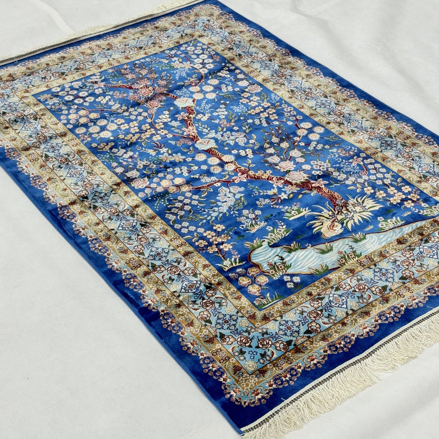 Persian Silk Blossom Tree Rug 4 ft x 6 ft | Pure Silk Abresham | 1600 Reeds