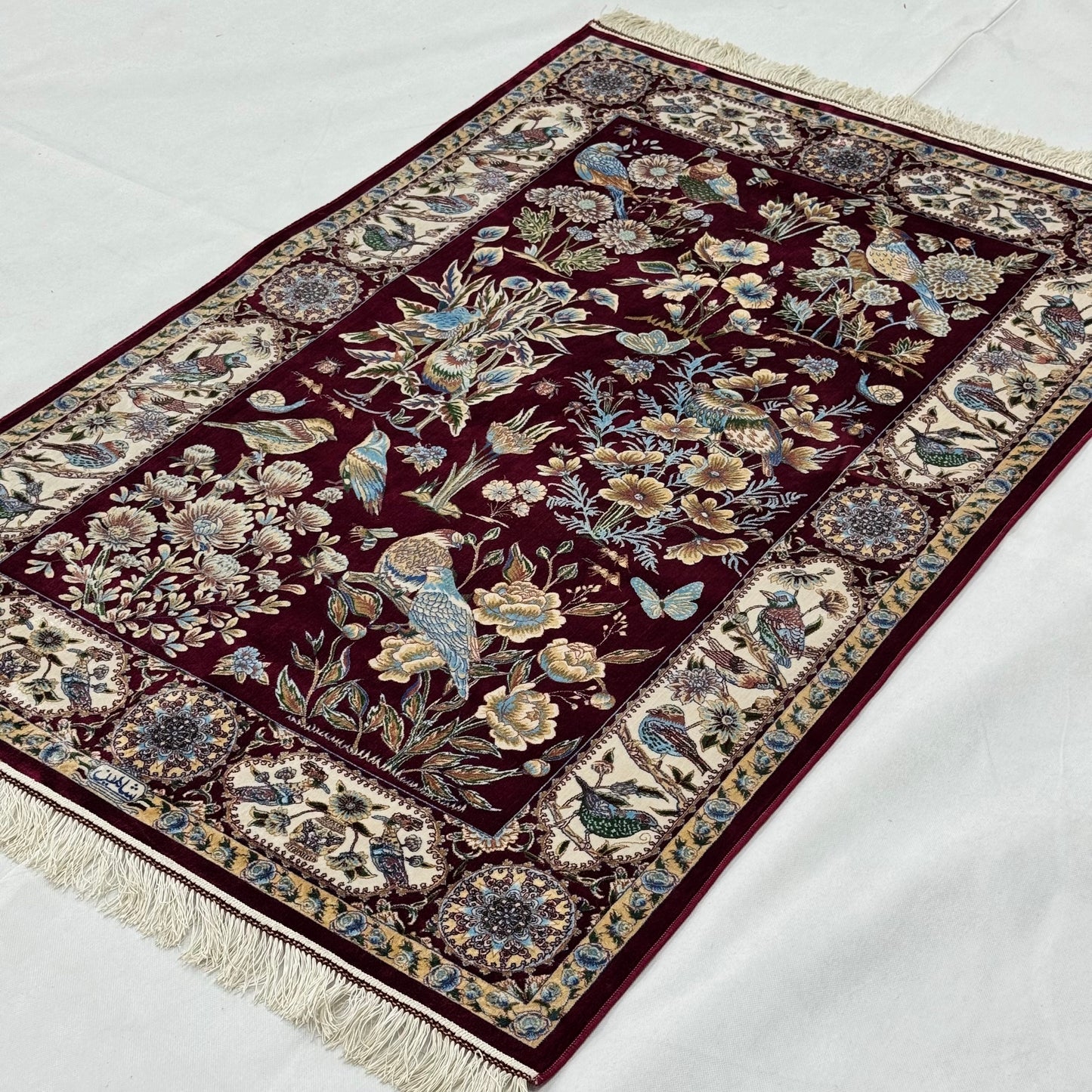 Persian Silk Bird & Floral Garden Rug 4 ft x 6 ft | 1600 Reed Pure Silk