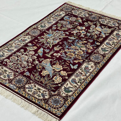Persian Silk Bird & Floral Garden Rug 4 ft x 6 ft | 1600 Reed Pure Silk
