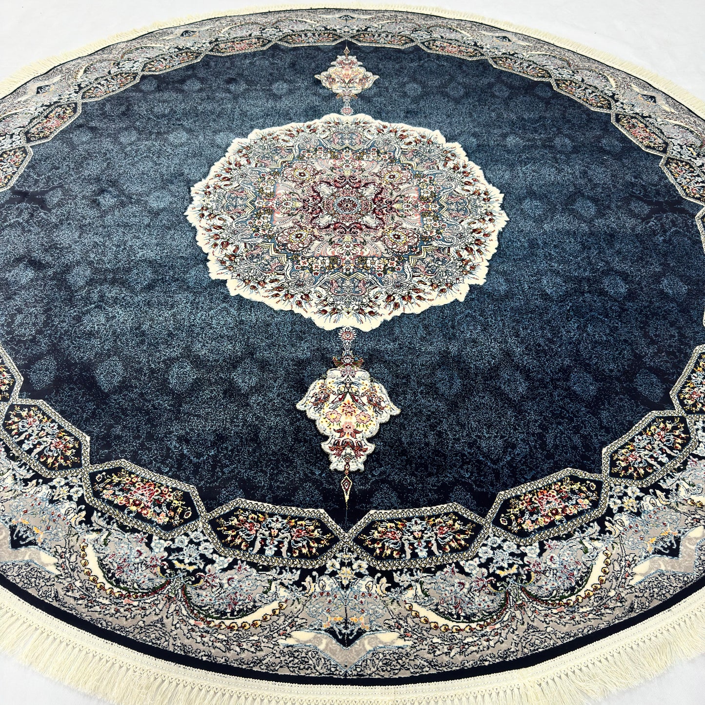 8.25 ft x 8.25 ft Round Persian Navy Acrylic Rug | 1000 Reed Floral Medallion, Iran