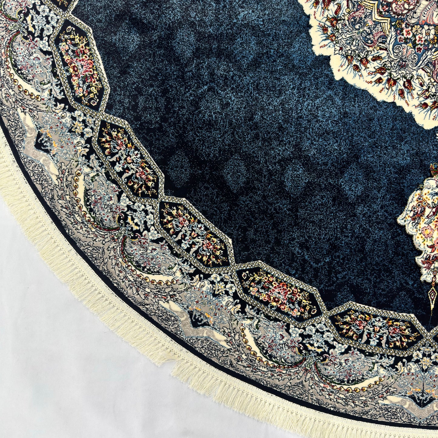 8.25 ft x 8.25 ft Round Persian Navy Acrylic Rug | 1000 Reed Floral Medallion, Iran
