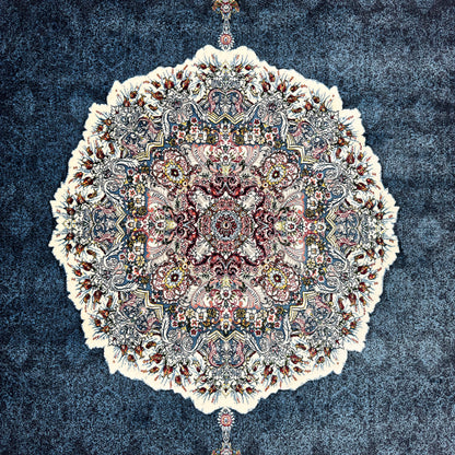 8.25 ft x 8.25 ft Round Persian Navy Acrylic Rug | 1000 Reed Floral Medallion, Iran