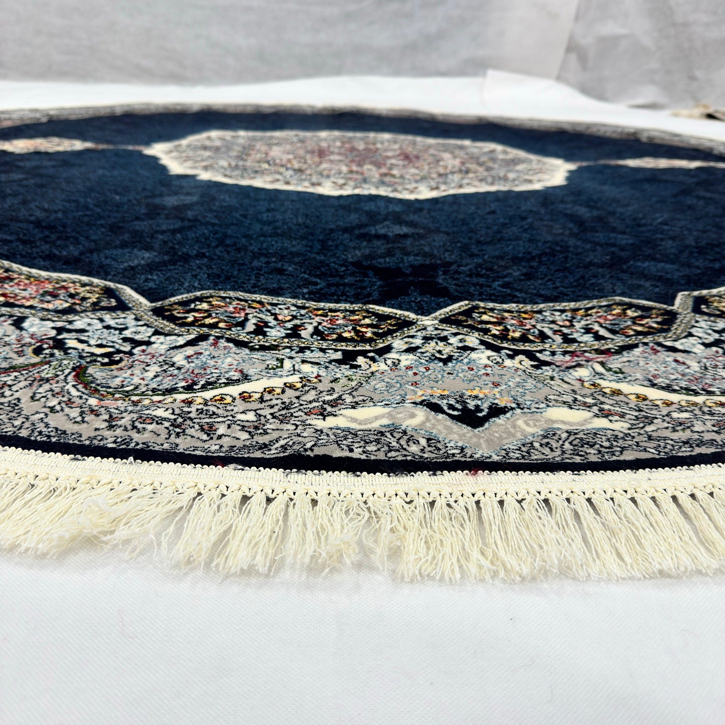 8.25 ft x 8.25 ft Round Persian Navy Acrylic Rug | 1000 Reed Floral Medallion, Iran
