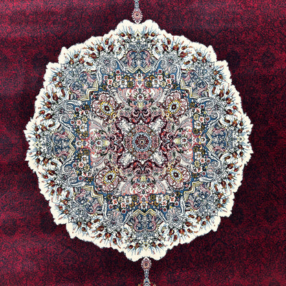 8.25 ft x 8.25 ft Round Persian Crimson Acrylic Rug | 1000 Reed Medallion Carpet Iran