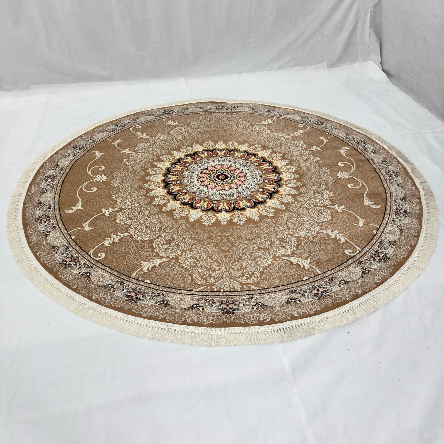 8.25 ft x 8.25 ft Round Persian Golden Acrylic Rug | 1000 Reed Floral Medallion, Iran