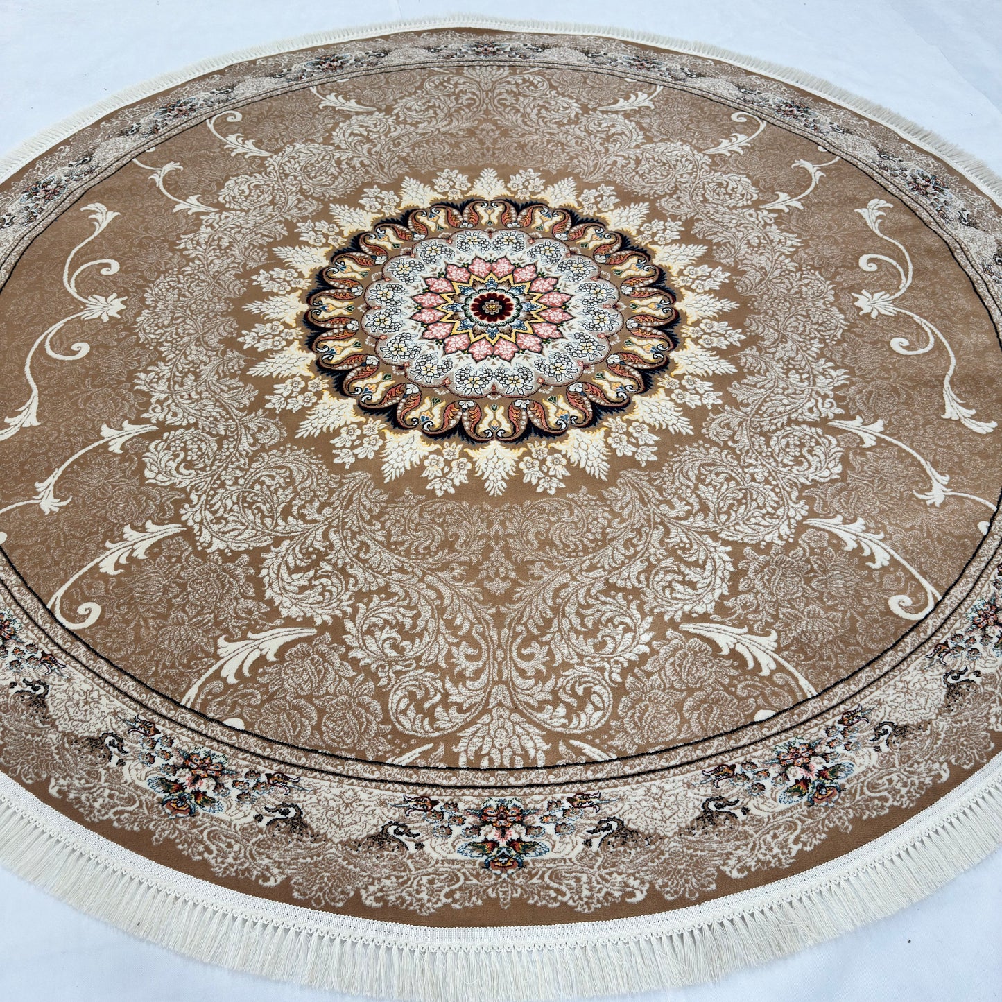 8.25 ft x 8.25 ft Round Persian Golden Acrylic Rug | 1000 Reed Floral Medallion, Iran