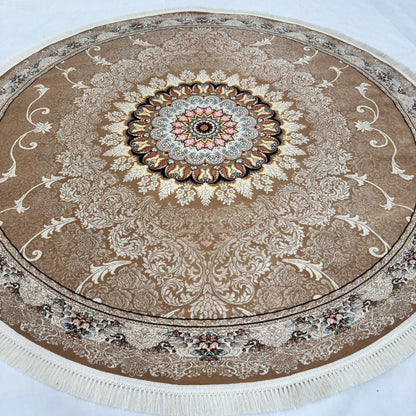 8.25 ft x 8.25 ft Round Persian Golden Acrylic Rug | 1000 Reed Floral Medallion, Iran