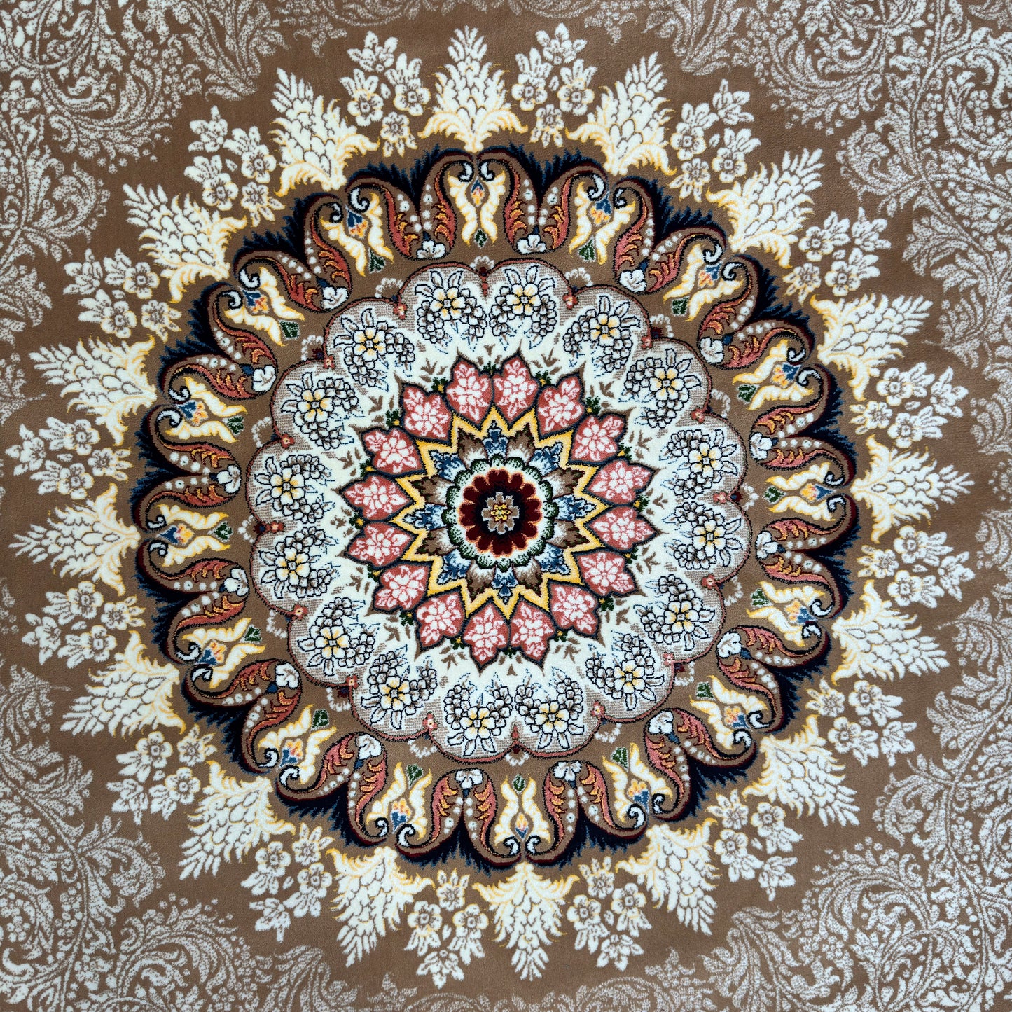 8.25 ft x 8.25 ft Round Persian Golden Acrylic Rug | 1000 Reed Floral Medallion, Iran