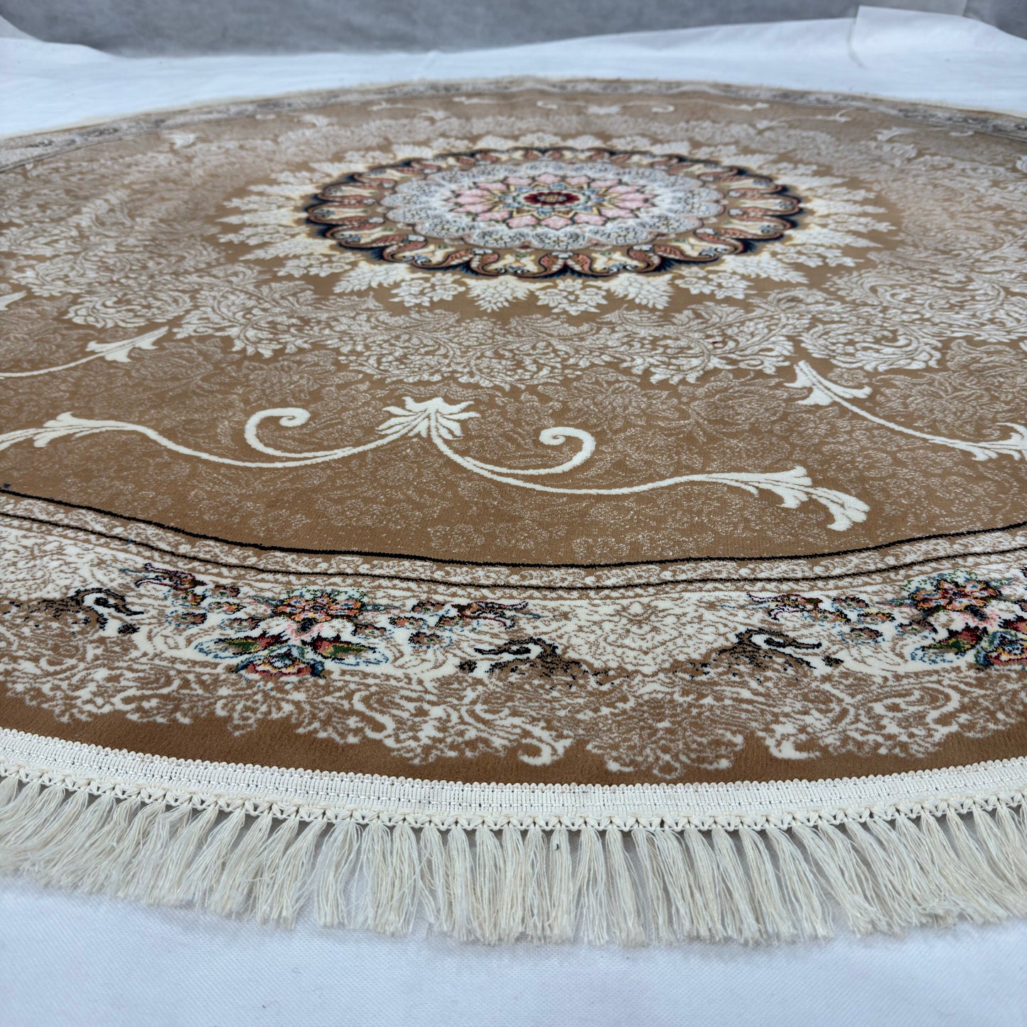 8.25 ft x 8.25 ft Round Persian Golden Acrylic Rug | 1000 Reed Floral Medallion, Iran