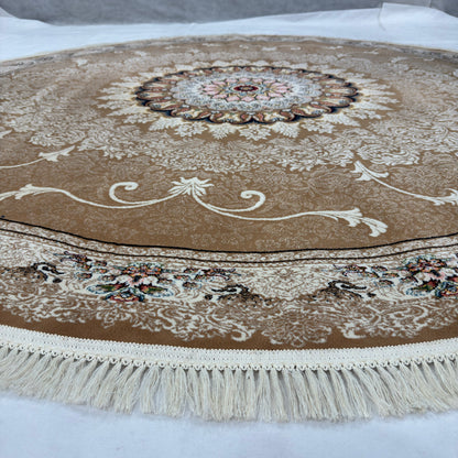 8.25 ft x 8.25 ft Round Persian Golden Acrylic Rug | 1000 Reed Floral Medallion, Iran