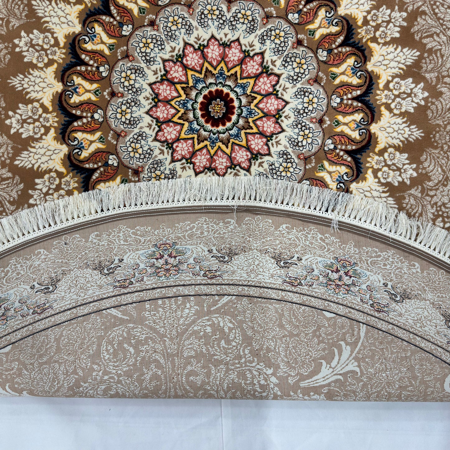 8.25 ft x 8.25 ft Round Persian Golden Acrylic Rug | 1000 Reed Floral Medallion, Iran
