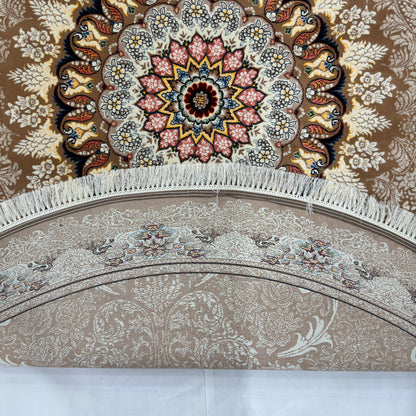 8.25 ft x 8.25 ft Round Persian Golden Acrylic Rug | 1000 Reed Floral Medallion, Iran