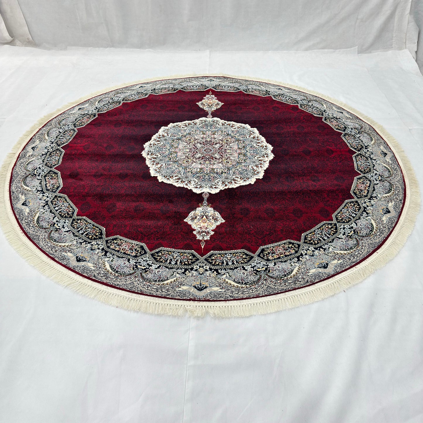 8.25 ft x 8.25 ft Round Persian Crimson Acrylic Rug | 1000 Reed Medallion Carpet Iran