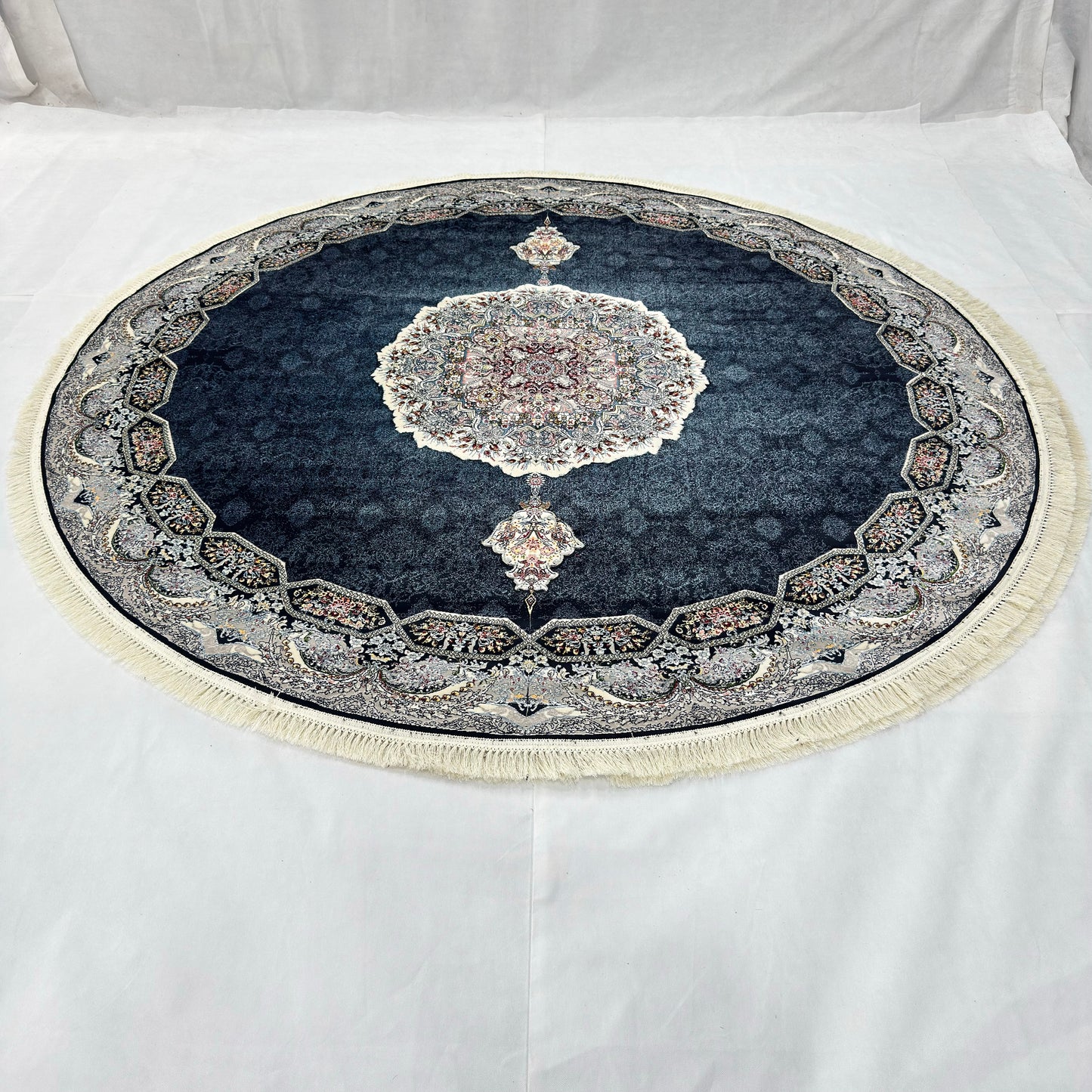 8.25 ft x 8.25 ft Round Persian Navy Acrylic Rug | 1000 Reed Floral Medallion, Iran