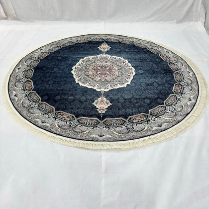 8.25 ft x 8.25 ft Round Persian Navy Acrylic Rug | 1000 Reed Floral Medallion, Iran