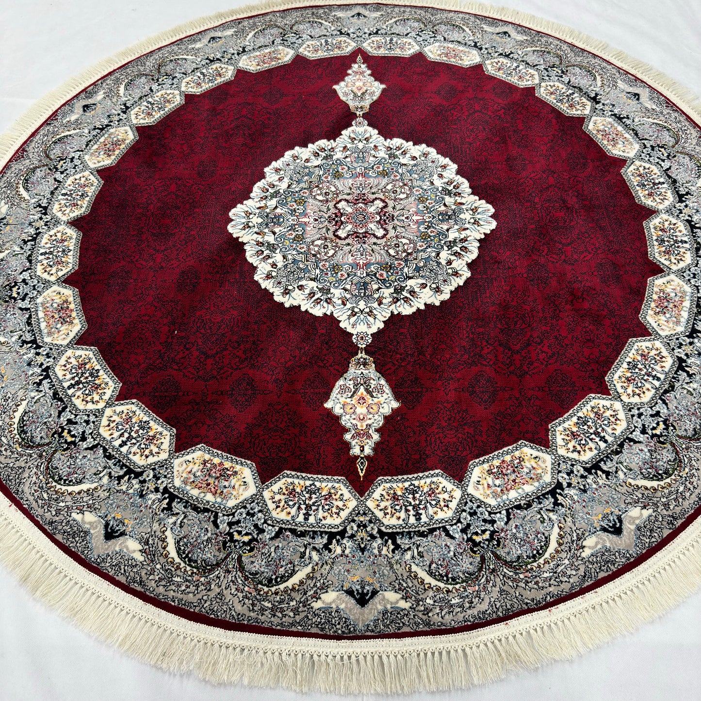 7 ft x 7 ft Round Persian Crimson Acrylic Rug | 1000 Reed Medallion Carpet, Iran