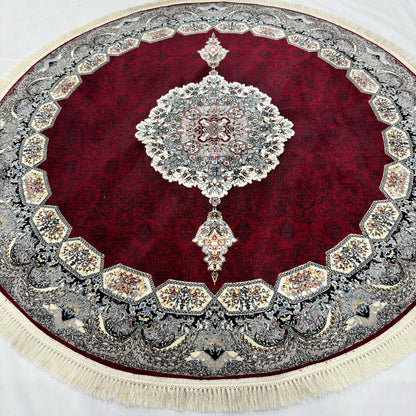 7 ft x 7 ft Round Persian Crimson Acrylic Rug | 1000 Reed Medallion Carpet, Iran