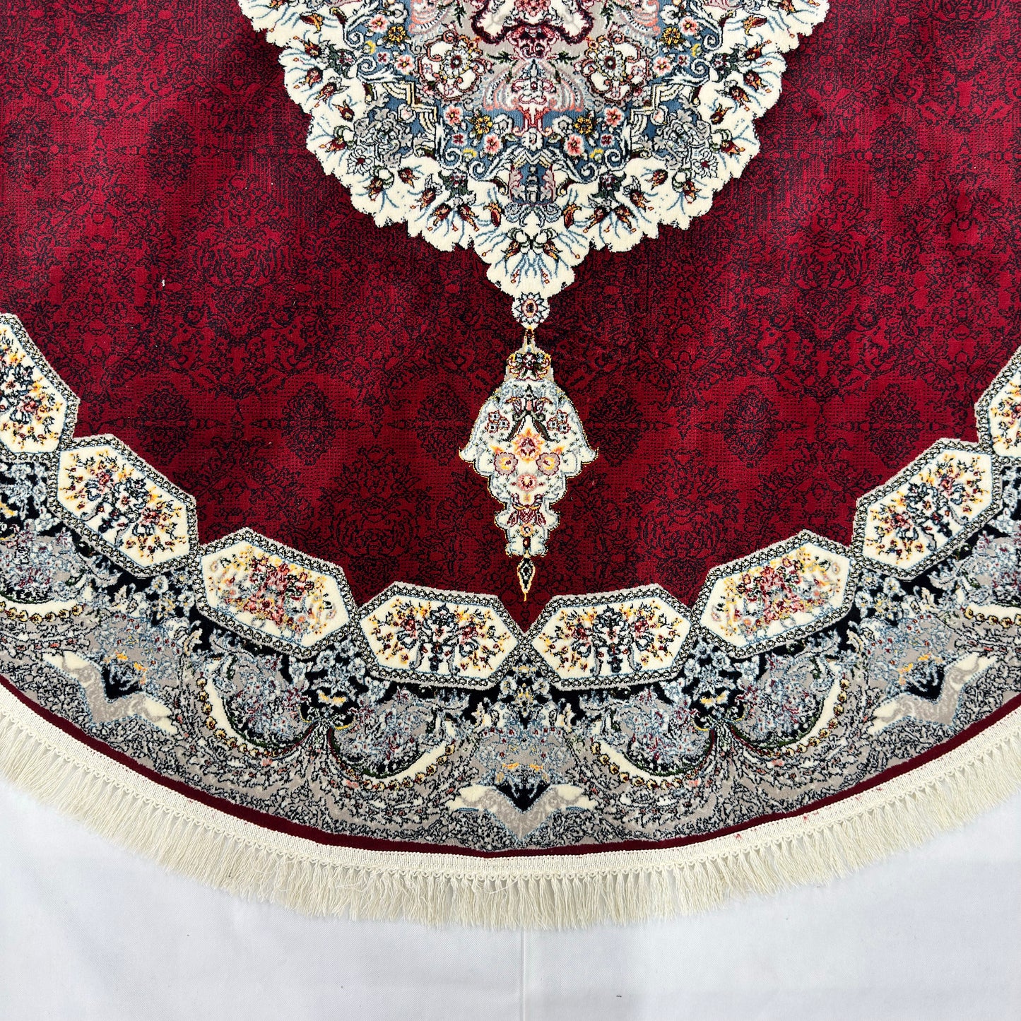 7 ft x 7 ft Round Persian Crimson Acrylic Rug | 1000 Reed Medallion Carpet, Iran