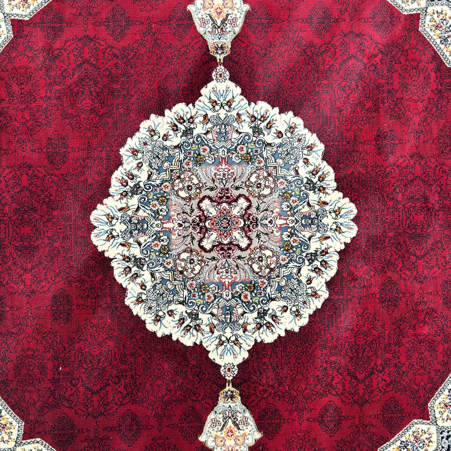 7 ft x 7 ft Round Persian Crimson Acrylic Rug | 1000 Reed Medallion Carpet, Iran