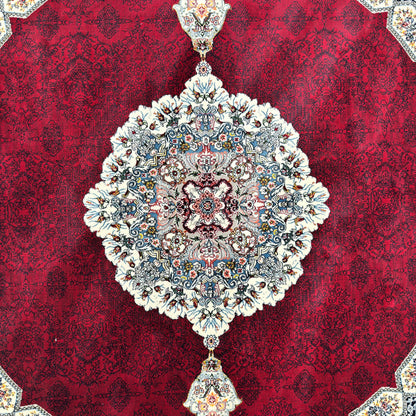 7 ft x 7 ft Round Persian Crimson Acrylic Rug | 1000 Reed Medallion Carpet, Iran