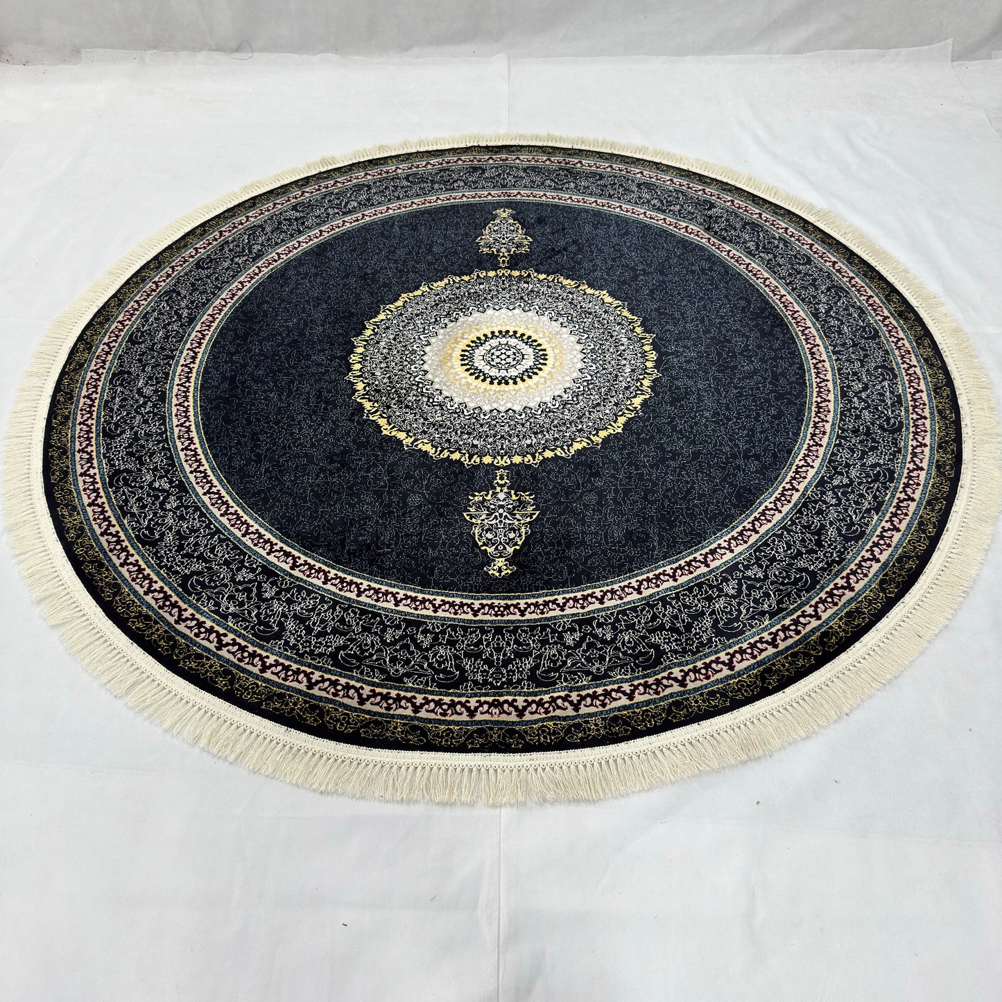 7 ft x 7 ft Round Persian Acrylic Rug, 1000 Reed Dark Medallion Carpet, Machine-Made Iran