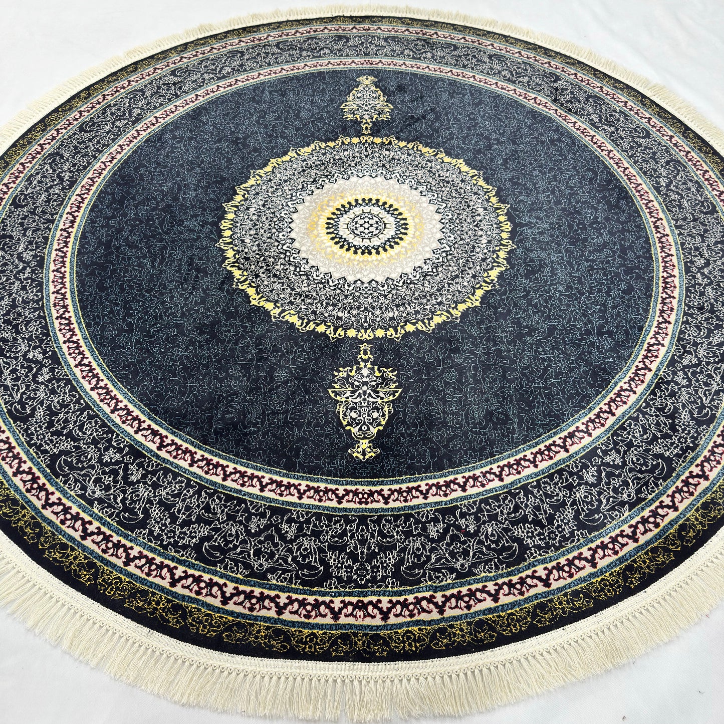 7 ft x 7 ft Round Persian Acrylic Rug, 1000 Reed Dark Medallion Carpet, Machine-Made Iran