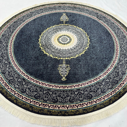 7 ft x 7 ft Round Persian Acrylic Rug, 1000 Reed Dark Medallion Carpet, Machine-Made Iran