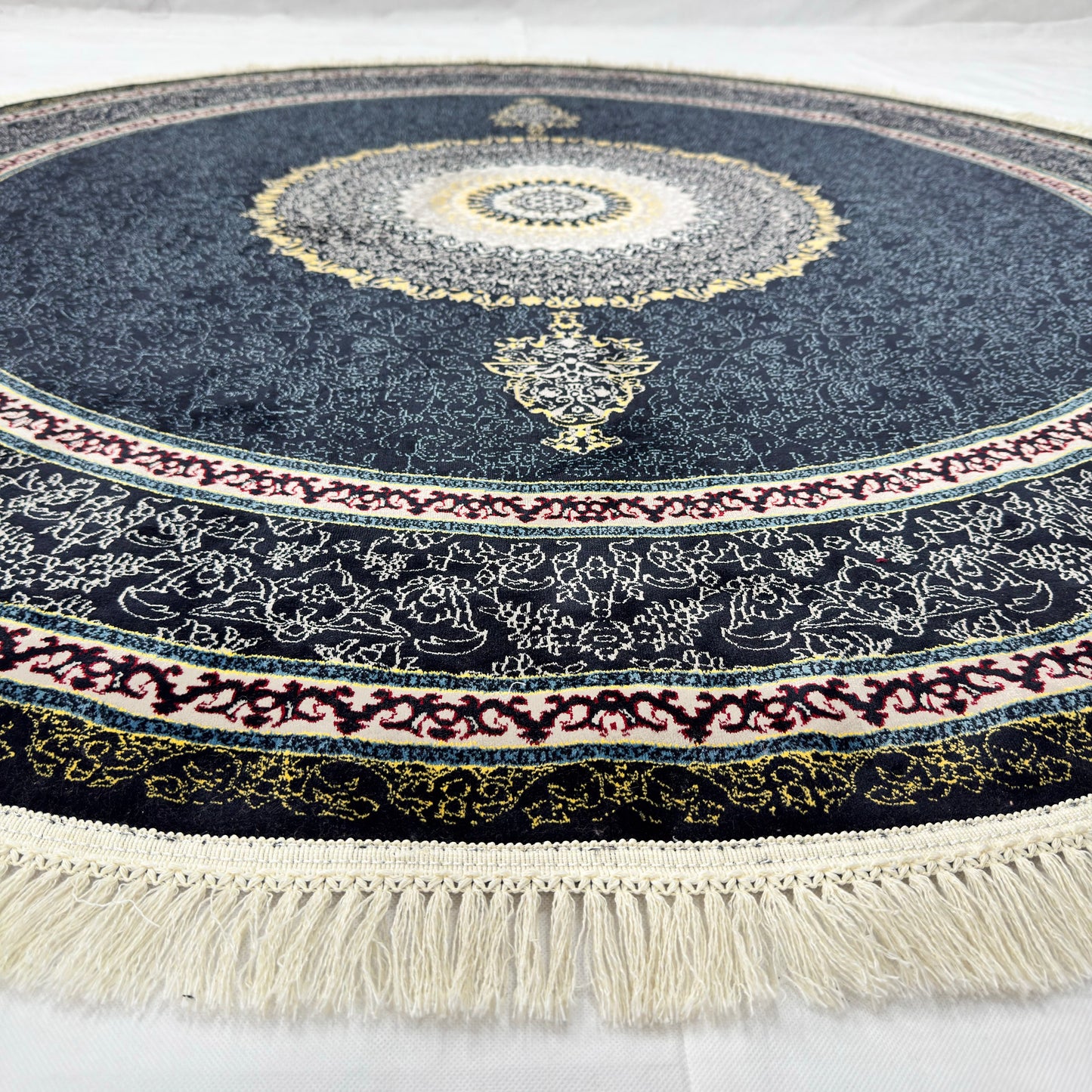 7 ft x 7 ft Round Persian Acrylic Rug, 1000 Reed Dark Medallion Carpet, Machine-Made Iran
