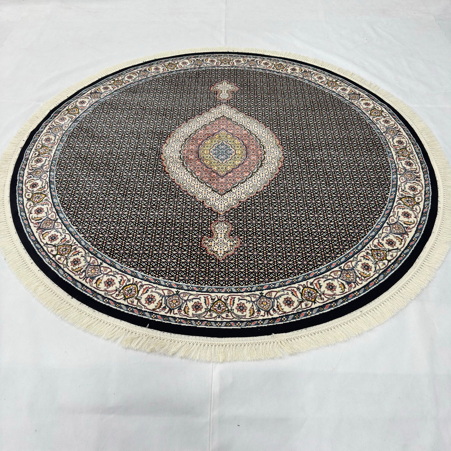 7 ft x 7 ft Round Persian Black Acrylic Rug | 1000 Reed Medallion Carpet, Iran