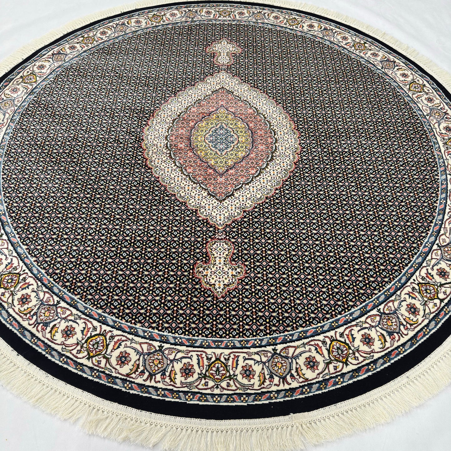 7 ft x 7 ft Round Persian Black Acrylic Rug | 1000 Reed Medallion Carpet, Iran