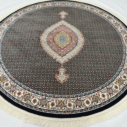 7 ft x 7 ft Round Persian Black Acrylic Rug | 1000 Reed Medallion Carpet, Iran