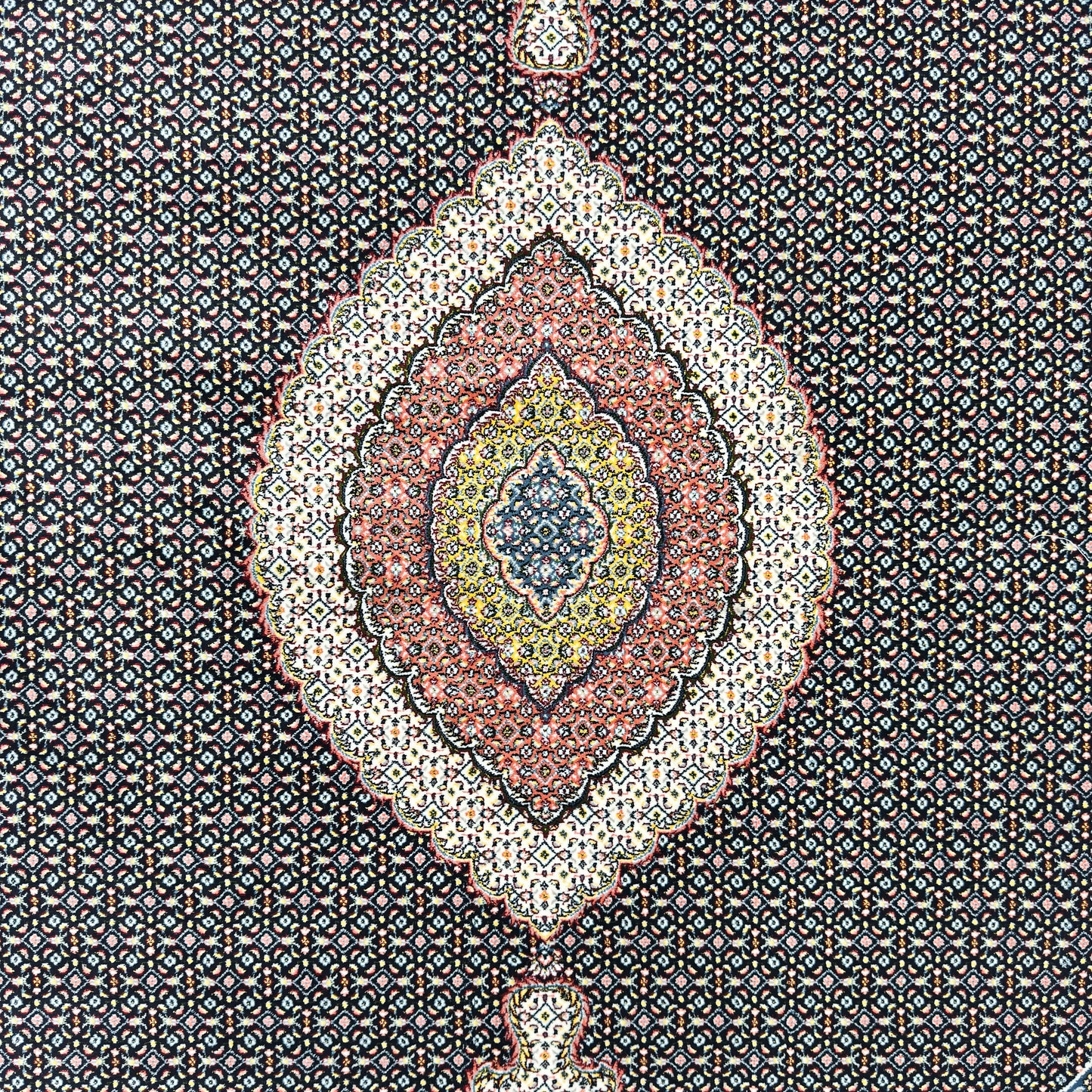 7 ft x 7 ft Round Persian Black Acrylic Rug | 1000 Reed Medallion Carpet, Iran