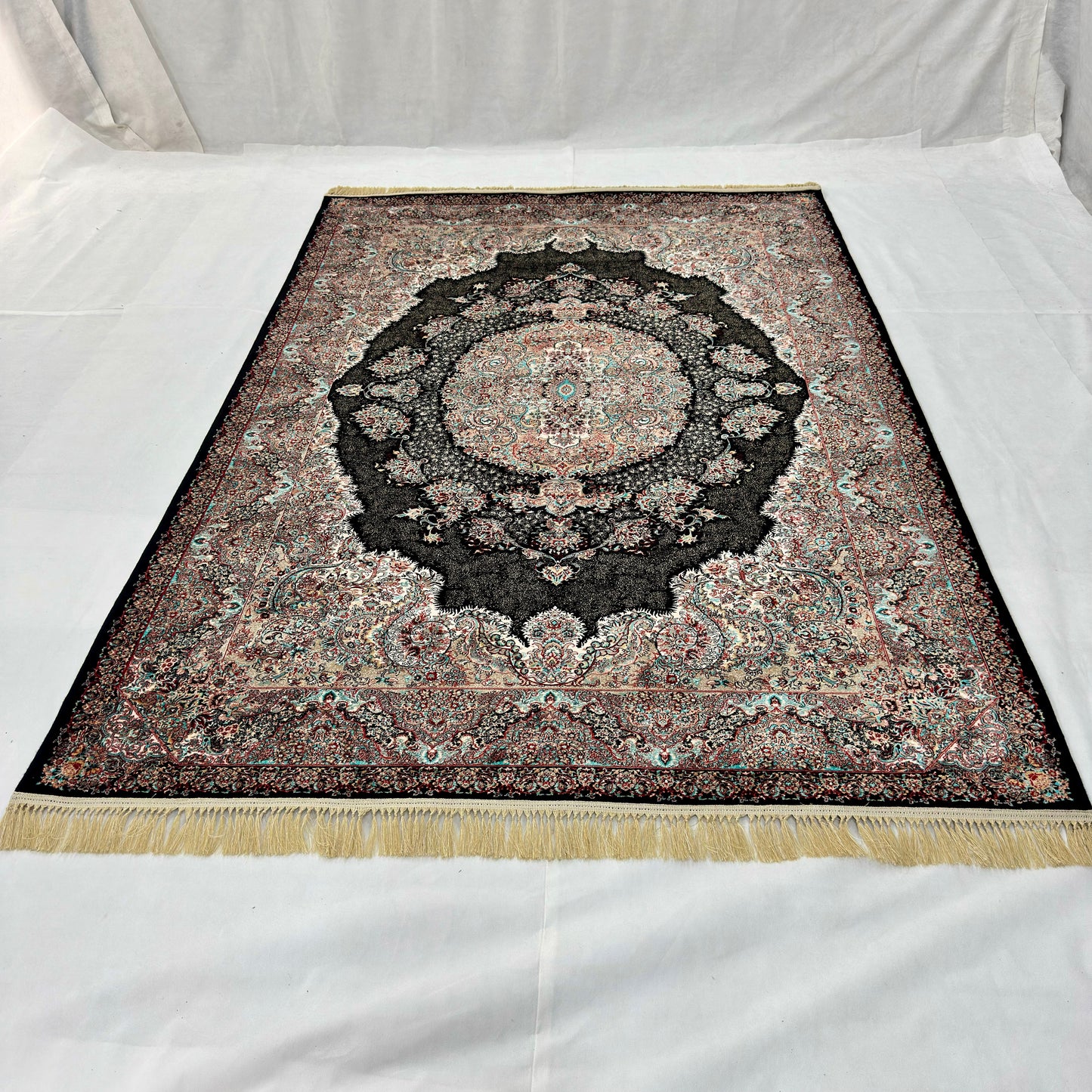7 ft x 10 ft Black Persian 1200 Reed Acrylic Rug, Kashan Medallion Carpet