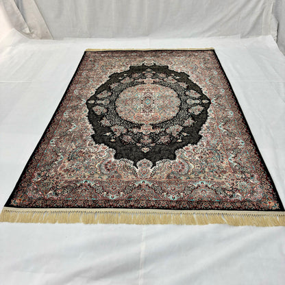 7 ft x 10 ft Black Persian 1200 Reed Acrylic Rug, Kashan Medallion Carpet