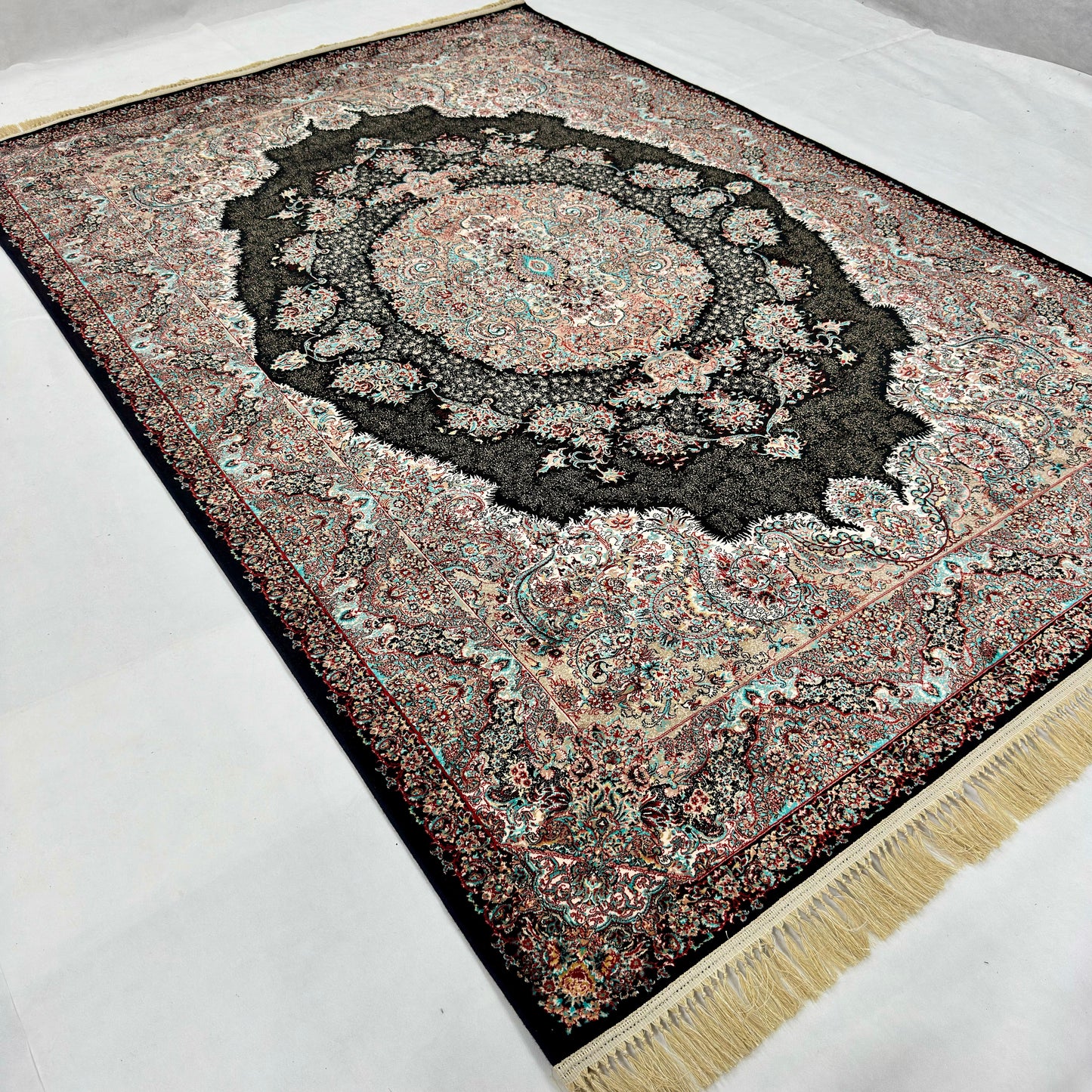 7 ft x 10 ft Black Persian 1200 Reed Acrylic Rug, Kashan Medallion Carpet