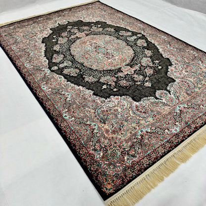 7 ft x 10 ft Black Persian 1200 Reed Acrylic Rug, Kashan Medallion Carpet