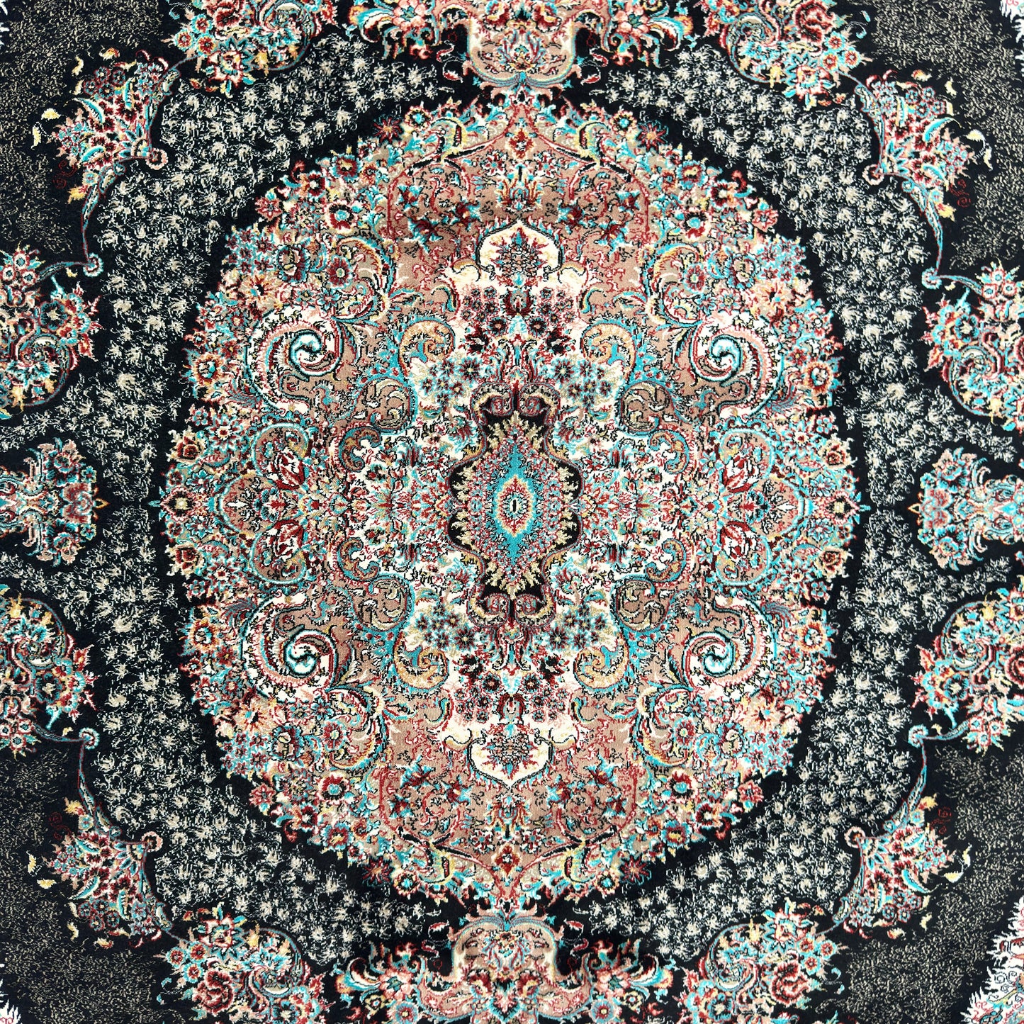 7 ft x 10 ft Black Persian 1200 Reed Acrylic Rug, Kashan Medallion Carpet