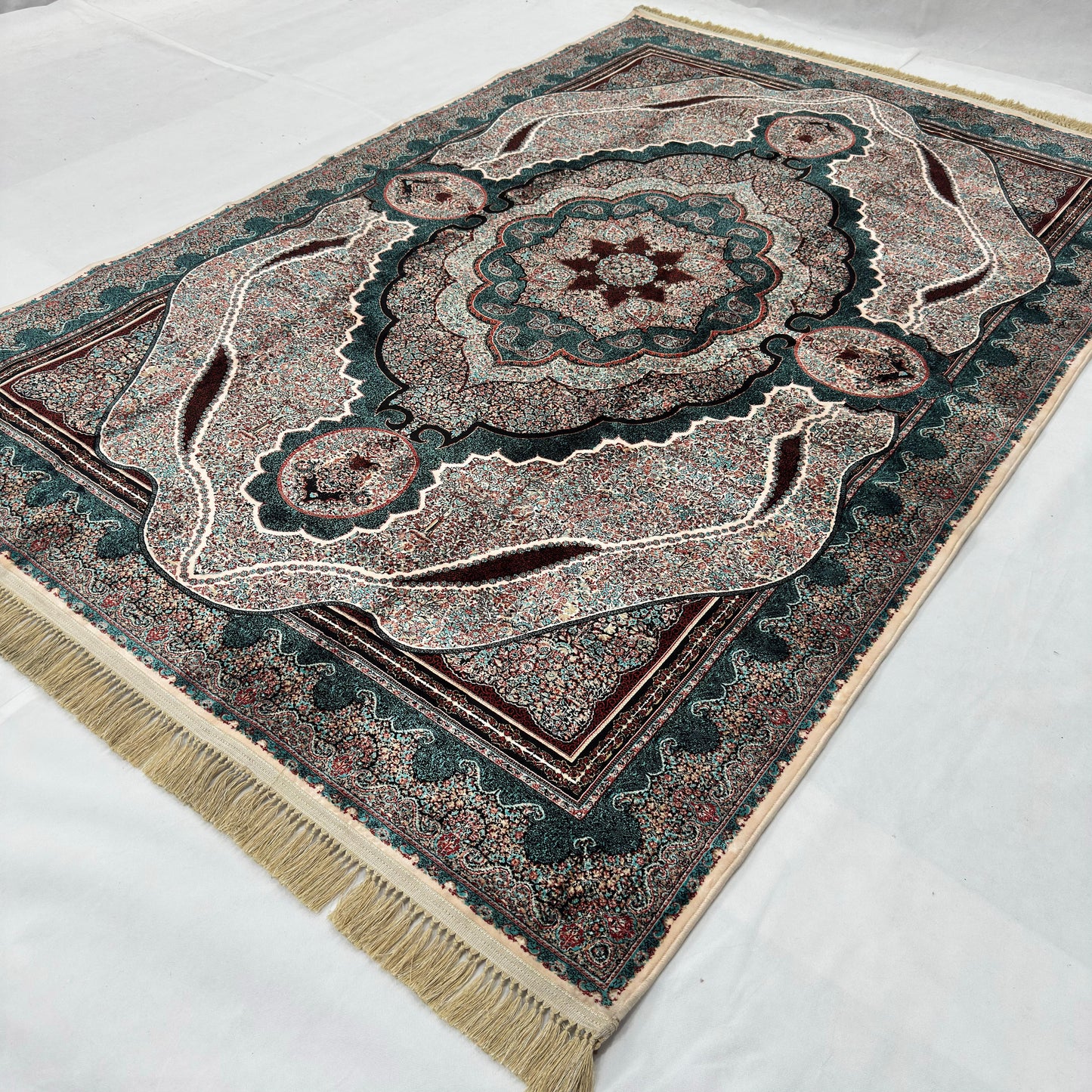7 ft x 10 ft Teal Persian 1200 Reed Acrylic Rug, Qum Medallion Carpet