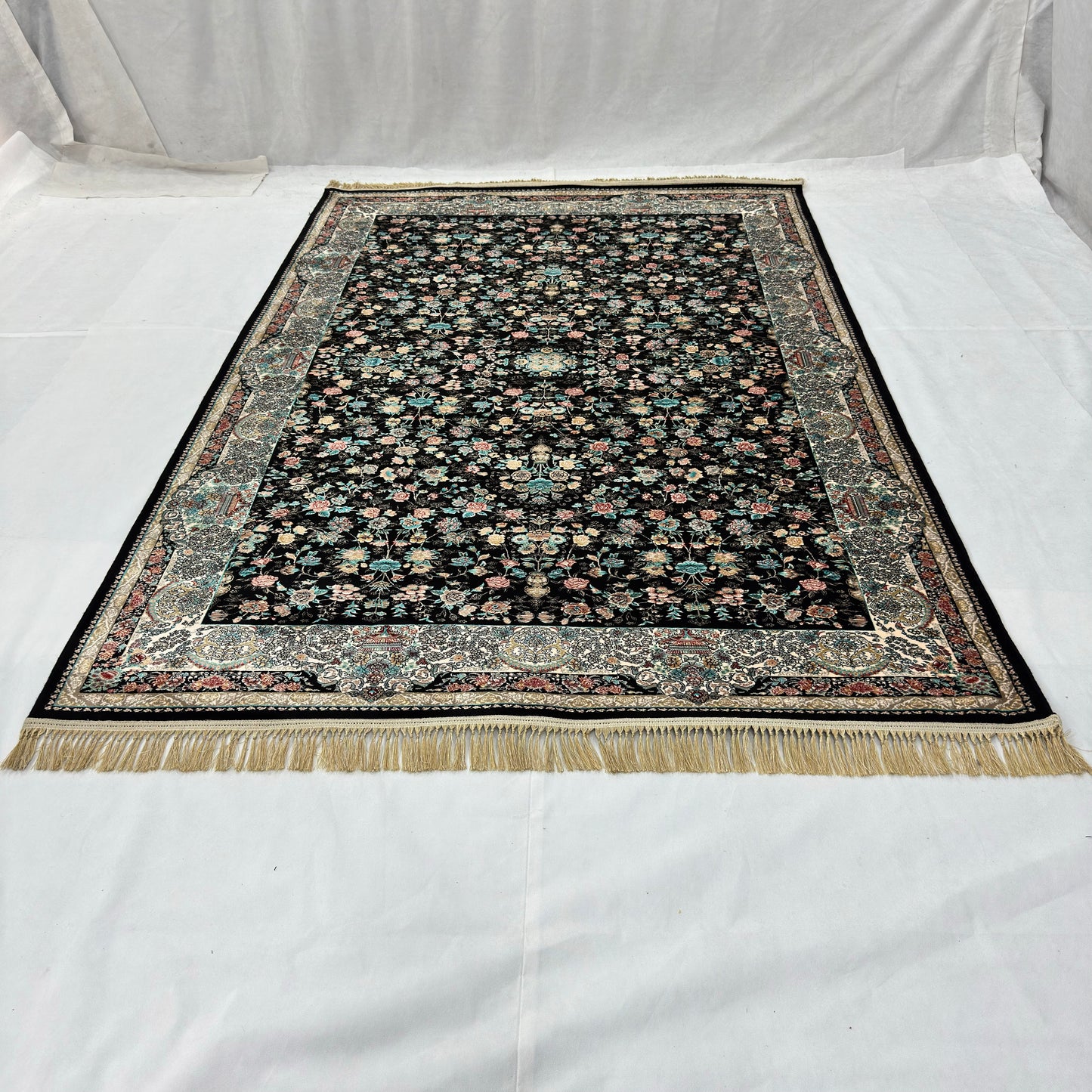 7 ft x 10 ft Black Persian 1200 Reed Acrylic Rug, Afshan Floral Carpet