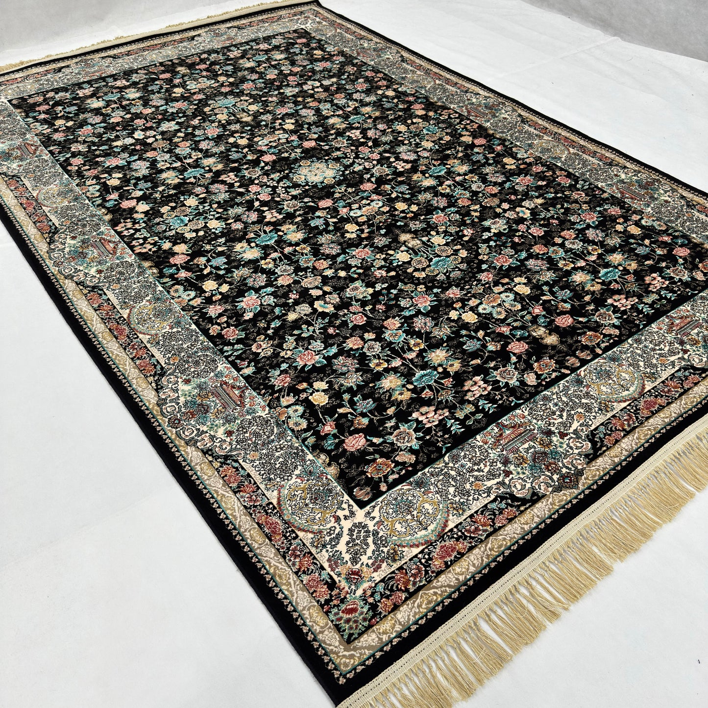 7 ft x 10 ft Black Persian 1200 Reed Acrylic Rug, Afshan Floral Carpet