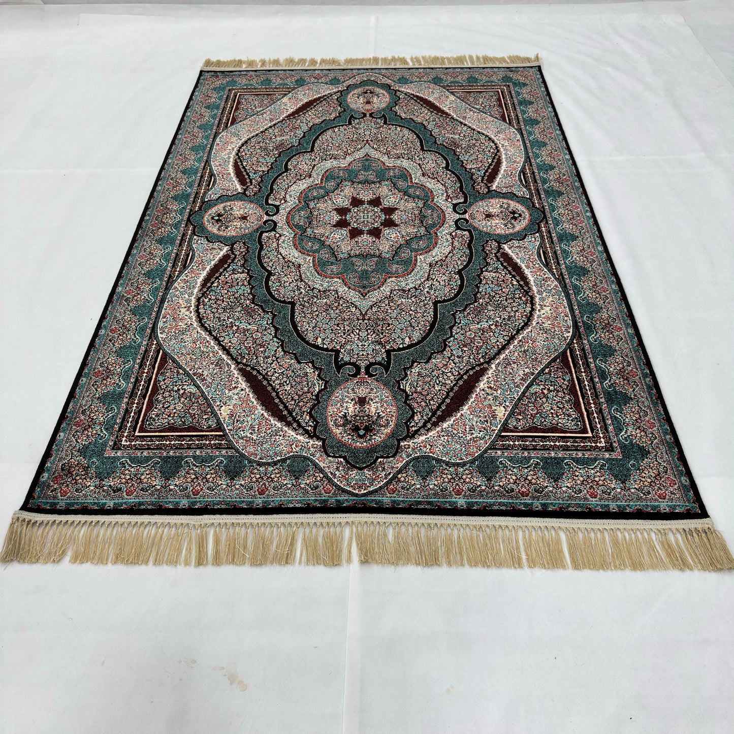 5 ft x 8 ft Teal Persian 1200 Reed Acrylic Rug, Qum Medallion Carpet