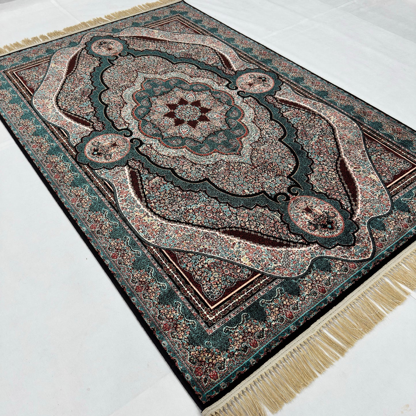 5 ft x 8 ft Teal Persian 1200 Reed Acrylic Rug, Qum Medallion Carpet