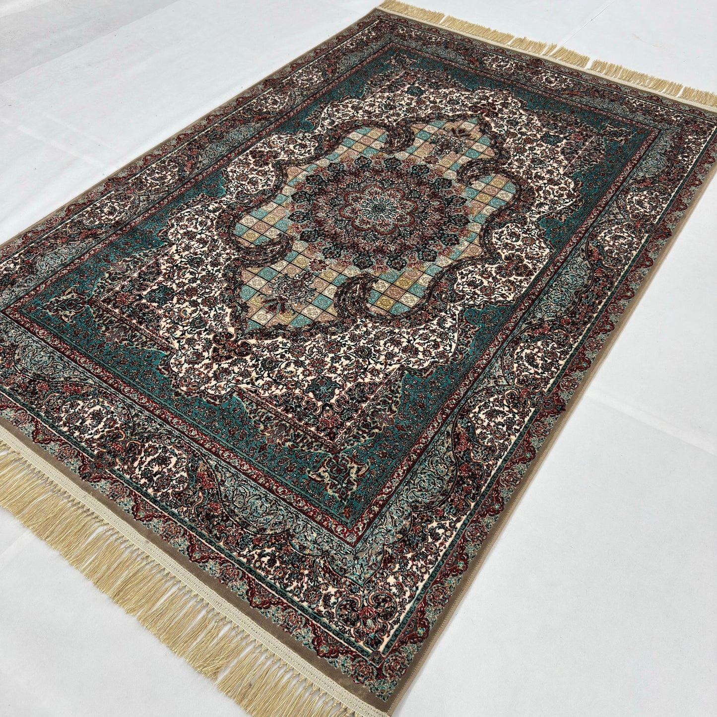 5 ft x 8 ft Teal Persian 1200 Reed Acrylic Rug, Garden Medallion Carpet