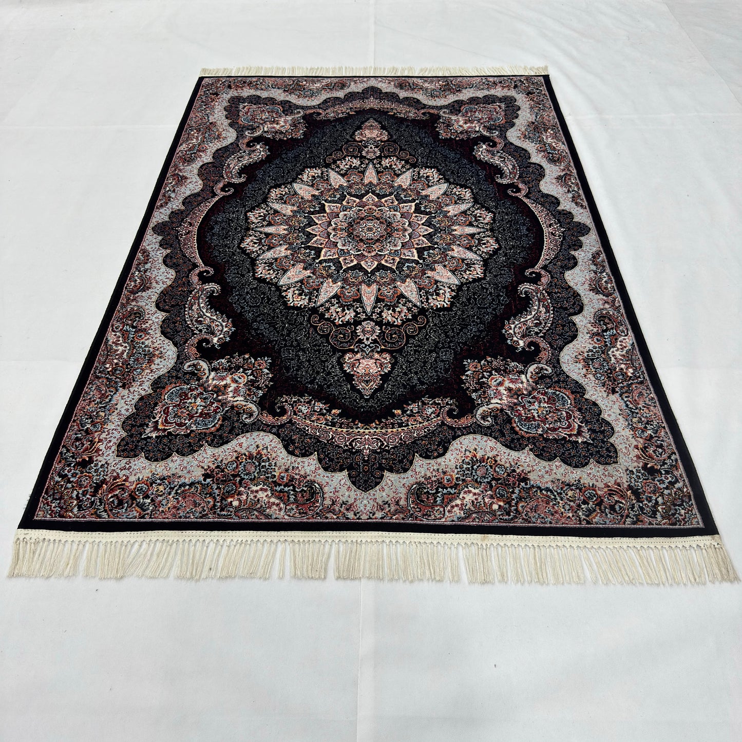 5 ft x 8 ft Black Persian 700 Reed Acrylic Rug, Shah Abbasi Medallion Carpet
