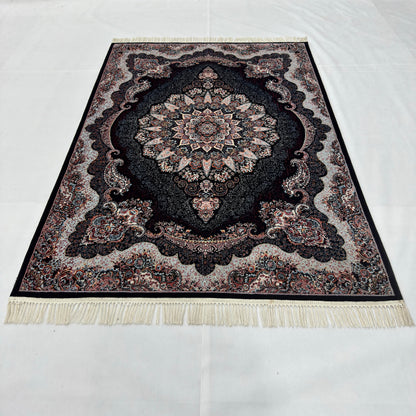 5 ft x 8 ft Black Persian 700 Reed Acrylic Rug, Shah Abbasi Medallion Carpet