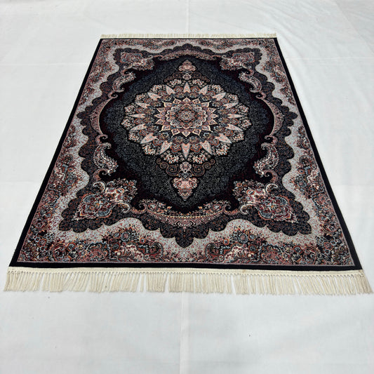5 ft x 8 ft Black Persian 700 Reed Acrylic Rug, Shah Abbasi Medallion Carpet