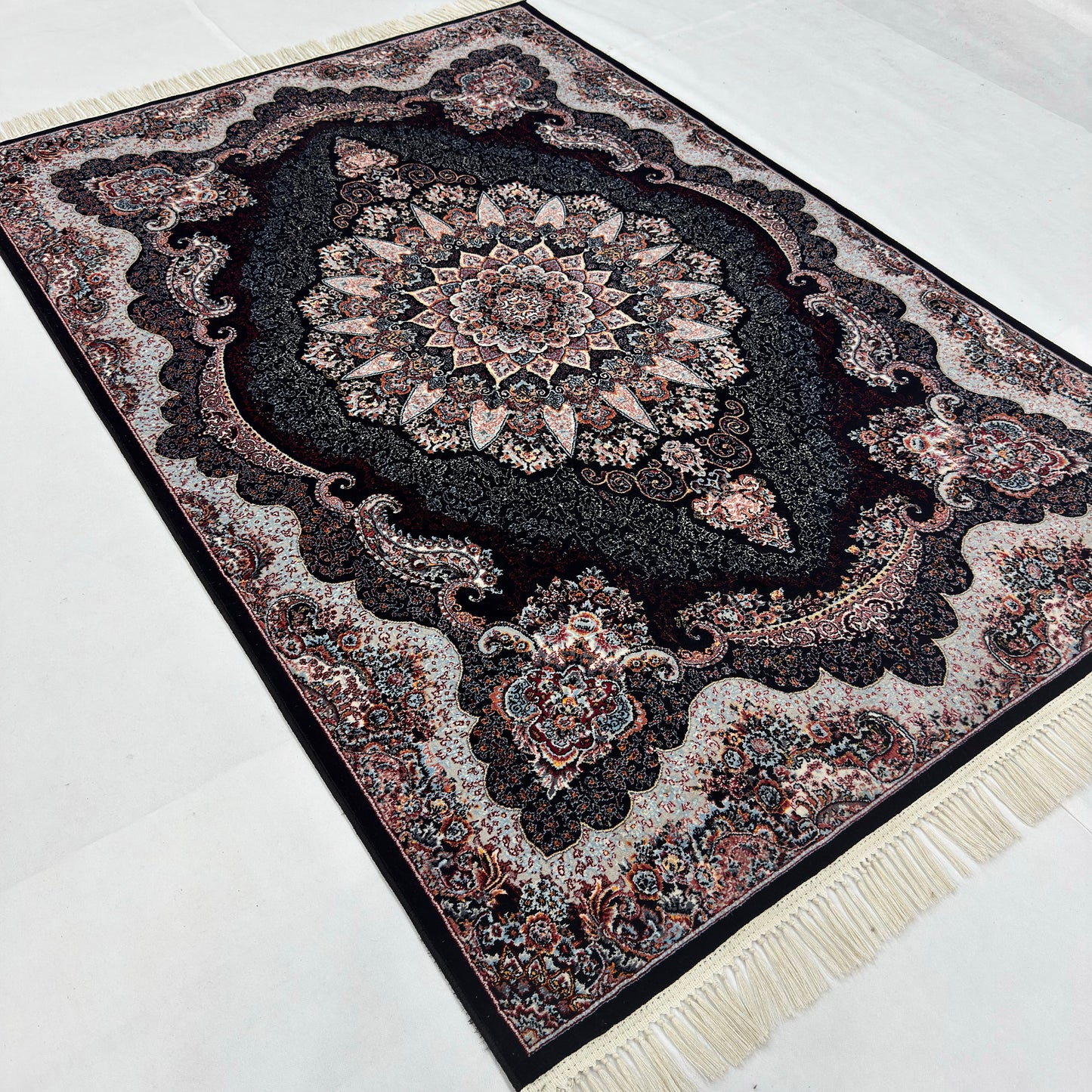 5 ft x 8 ft Black Persian 700 Reed Acrylic Rug, Shah Abbasi Medallion Carpet