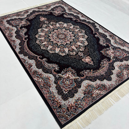 5 ft x 8 ft Black Persian 700 Reed Acrylic Rug, Shah Abbasi Medallion Carpet